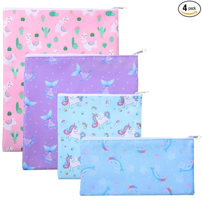 Paterr 4 Pcs Sandwich Bag Reusable Zipper Snack Bags Washable Food Safe Lunch Bags for Kids Students Adults Food (Unicorn)