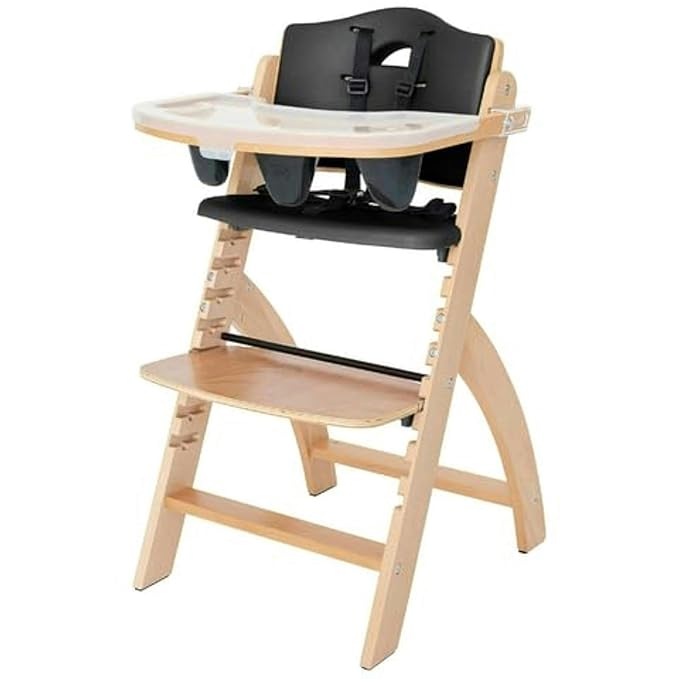 Abiie Beyond Junior Wooden High Chair for Babies and Toddlers - Convertible 3-in-1 Baby Highchair with Removable Tray - 6 Months to 250 Lb - Water Resistant - Natural Wood/Black Pearl Cushion