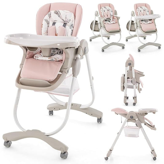HONEY JOY Baby High Chair, Foldable High Chairs for Babies and Toddlers, Adjustable Heights, Recline Backrest & Footrest, Double-Layer Tray & Cushion, Portable Infant Highchair with Wheels (Pink)