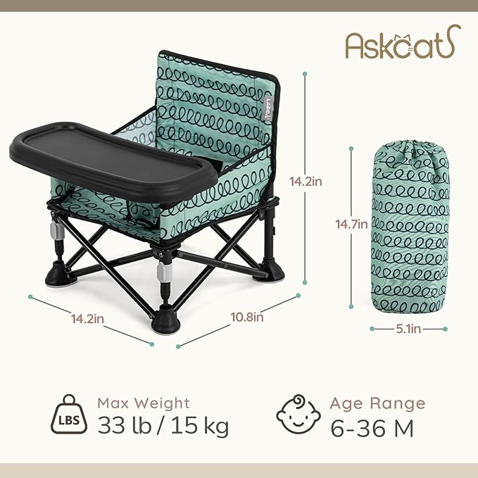 Toddler Booster Seat for Dining Table & Kitchen Chair - Portable Foldable with Removable Tray, Baby Camping Chair 6-36 Months Indoor Outdoor (Green Stripe)