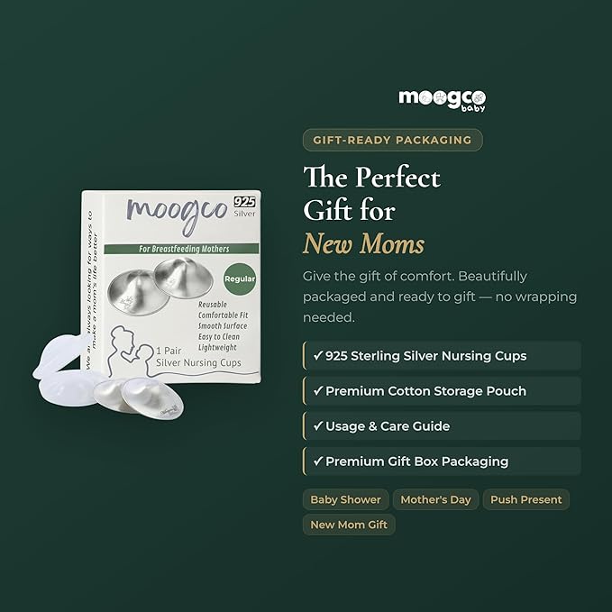 MOOGCO The Original Silver Nursing Cups - Nipple Shields for Breastfeeding Newborn - Breastfeeding Essentials - Solid 925 Sterling Silver Nipple Covers (Regular Size, Set of 2)