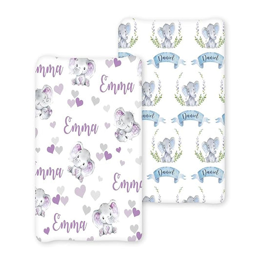 Personalized Baby Changing Pad Cover - 2 Piece Purple Elaphant Baby Pee Pad Cover Nursery Bedding with Name Portable Diaper Changing Pad Gifts for Infant