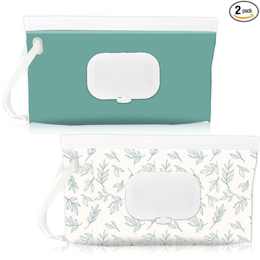 FEBSNOW 2 Pack Baby Wipes Dispenser Holder, Portable Refillable Baby Wet Wipes Pouch Container Reusable Travel Case for Outdoor Hiking, Blue Leaves