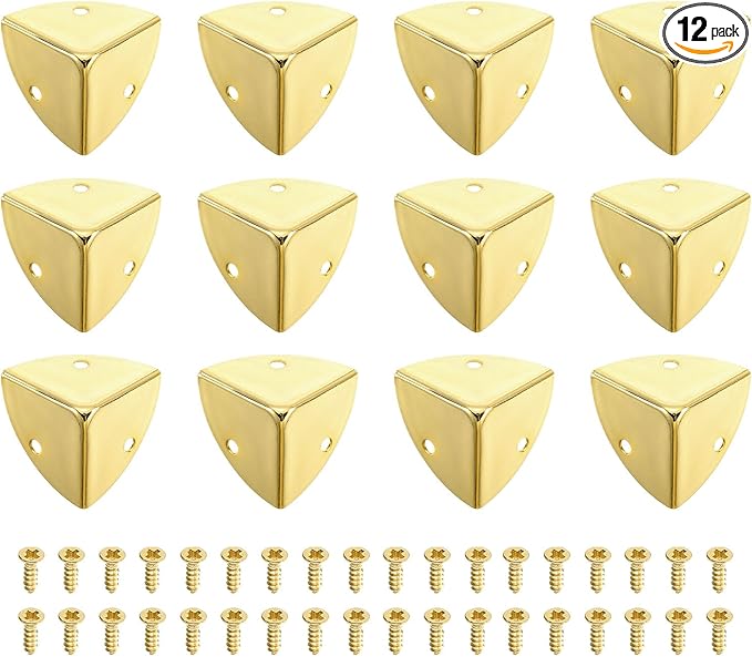 uxcell 12 Pcs Metal Corner Protectors, 28mm Box Edge Guard Protector, with Mounting Screws for Furniture Cabinet Speaker Protection Home Decorative, Light Gold