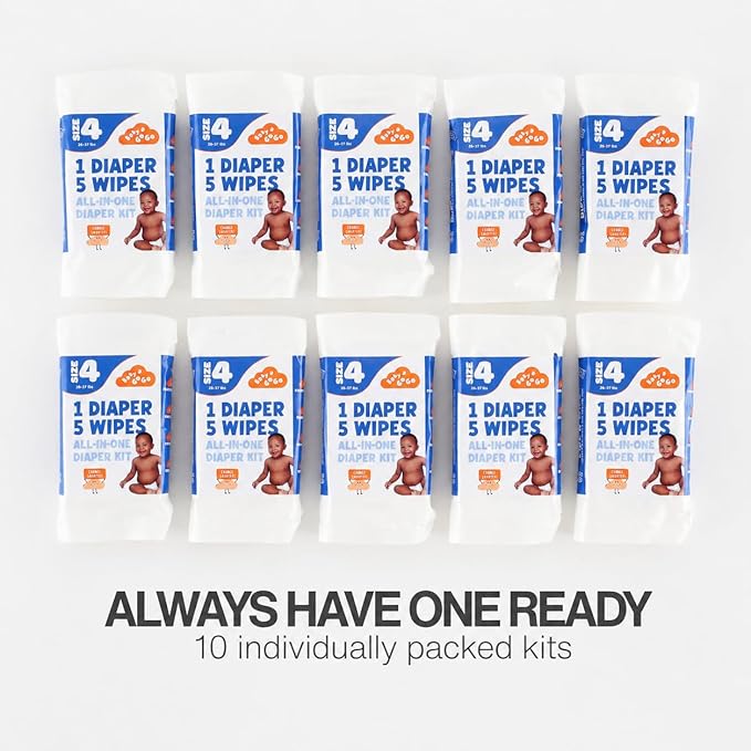 Pocket-Sized Travel Diaper Kit (Size 4, 22–37 lbs) – 10-Kit Value Pack | 1 Diaper, 5 Wipes & Odor-Lock Disposal Bag | Baby Travel Essentials for Airport & On-the-Go