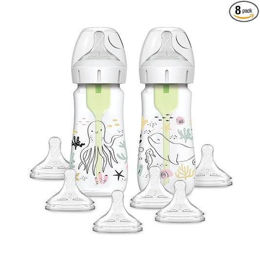 Dr. Brown's Anti-Colic Options + Wide-Neck Baby Bottle Designer Edition, Ocean, 9 oz/270 mL, Level 1 Slow Flow Nipple, BPA-Free, 0m+, 2-Pack + Wide-Neck Options+ Level 2 Nipples, 6-Pack