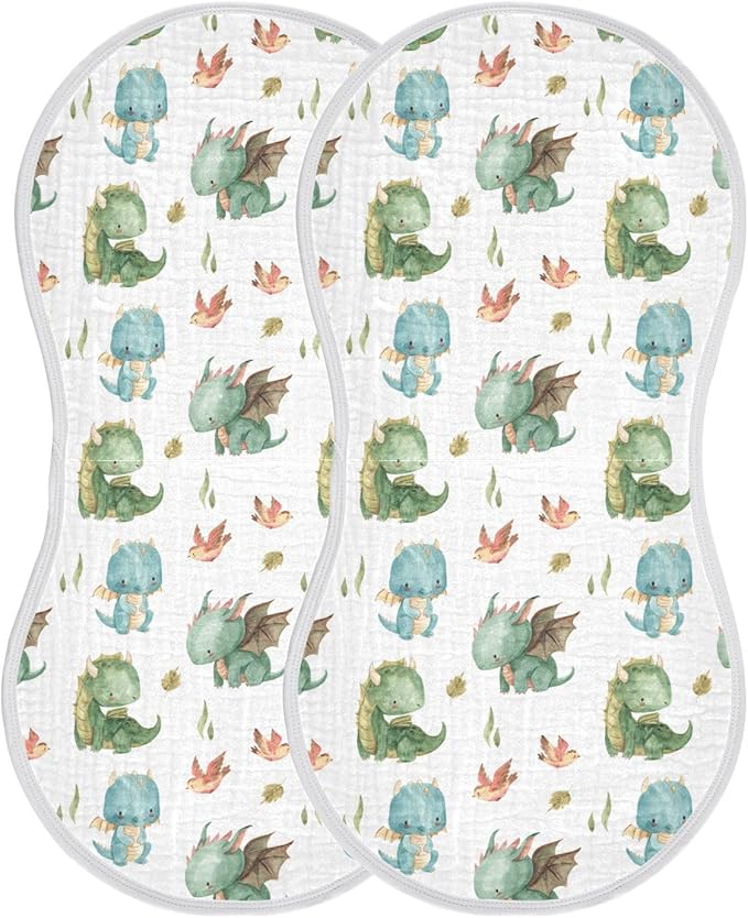 Burbuja Cute Dragon Muslin Baby Burp Cloths, Soft & Absorbent Cotton Burping Rags for Newborn Boys & Girls, 2 Pack