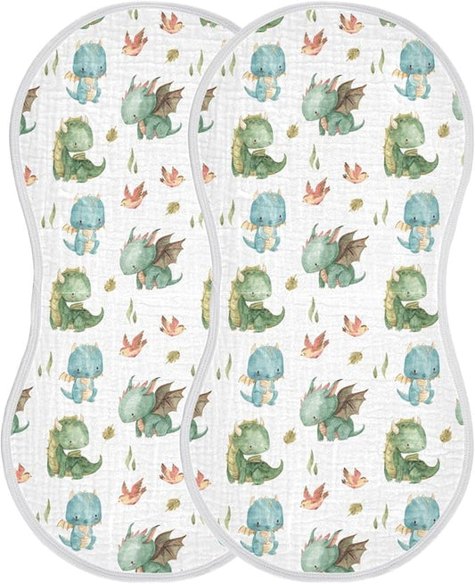 Burbuja Cute Dragon Muslin Baby Burp Cloths, Soft & Absorbent Cotton Burping Rags for Newborn Boys & Girls, 2 Pack