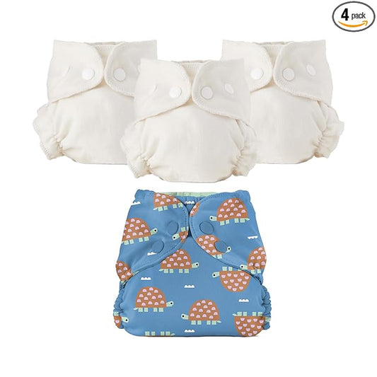 Esembly Cloth Diaper Bundle Set - 3 Organic Cotton Absorbent Inners and 1 Waterproof Outer Diaper Cover - Reusable, Washable, Snap Closure Cloth Diapers - Size 2 (18-35lbs), Turtles