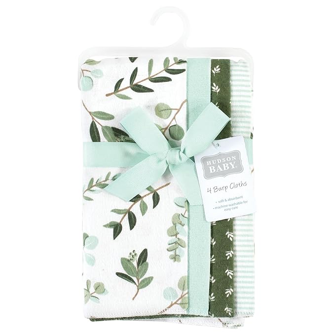 Hudson Baby Unisex Baby Cotton Flannel Burp Cloths, Eucalyptus 4-Pack, One Size