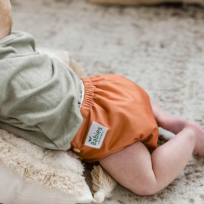 7-Pack Reusable Cloth Diapers with AWJ Interior – Includes 14 Absorbent Inserts and 1 Wet Bag – Adjustable, Waterproof, and Washable (Moss & Maple, Charcoal Inserts)