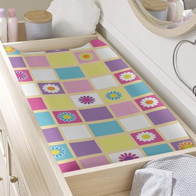 Daisy Checkered Changing Pad Cover for Baby Girls Boys Comfort Diaper Change Table Pad Covers Soft Changing Pad Sheets