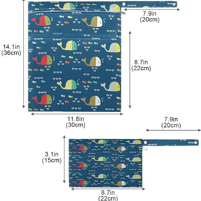 visesunny Kids Doodle Style Funny Whales And Colorful Fish 2Pcs Wet Bag with Zippered Pockets Washable Reusable Roomy for Travel,Beach,Pool,Daycare,Stroller,Diapers,Dirty Gym Clothes, Wet Swimsuits, T