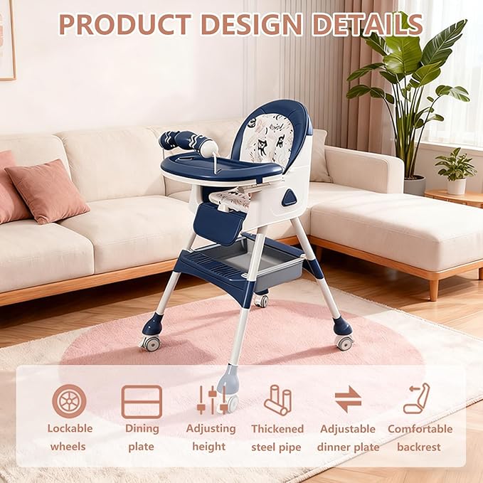 Foldable 4-in-1 Baby High Chair for Babies & Toddlers, High Chair with Detachable PU Cushion, Removable Tray, Adjustable Height, Locking Wheels,Blue
