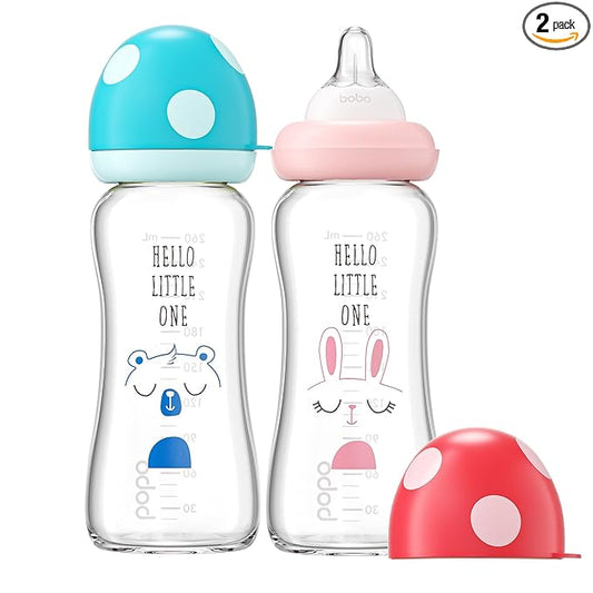 YOHKOH Natural Glass Baby Bottle with Level 2 Medium Flow Nipple, Newborn Anti-Colic Baby Bottles, Wide Neck Mushroom Baby Glass Bottle (8.8ounce (Pack of 2), Multicolour1)