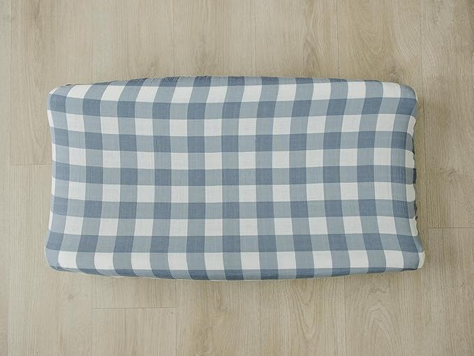 Mebie Baby Changing Pad Cover, Dusty Blue Gingham, 100% Muslin Cotton Changing Table Pad Cover for Boy and Girl, Designer Nursery Decor Covers, Diaper Changing Pad Cover for Changing Station