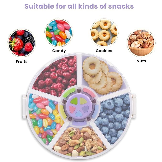 Pawtong Snack Rotator Container Reusable Snack Box with 5 Compartment Dispenser and Lid, Color Matching Opening Lid, BPA and PVC Free, for Home, School, Travel (2 Pack- Purple)