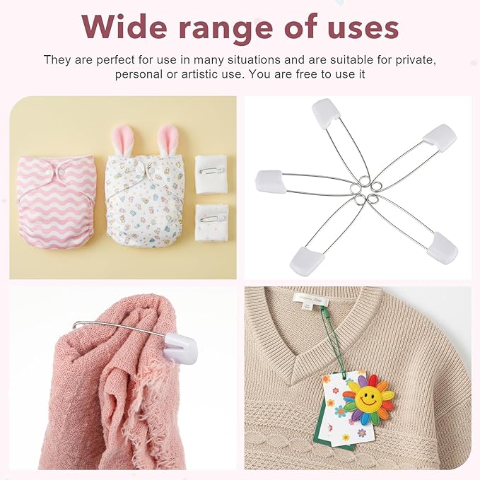 TIESOME 70 Pieces Diaper Pins, Diaper Safety Pin, 2.2 Inch Stainless Steel Diapers Pins for Cloth Diapers, with Plastic Safety Heads and Locking Closures, (White)