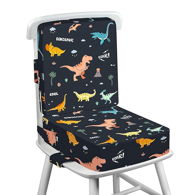 Toddler Booster Seat for Dining Table with Adjustable Straps, Kids Booster Seat for Kitchen Chair with Non-Slip Bottom, Portable Detachable Washable Increasing Cushion (Dinosaur)