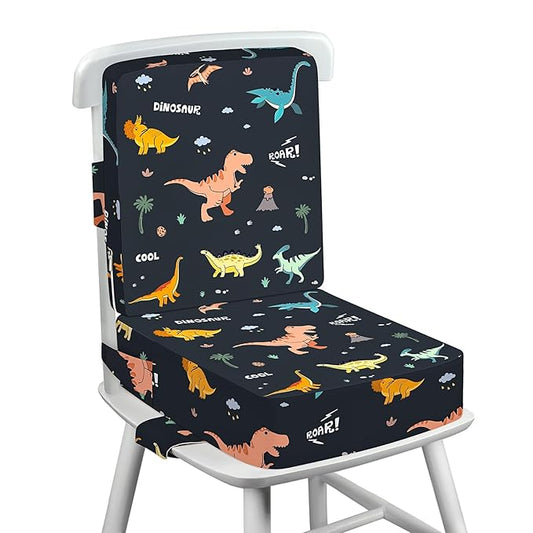 Toddler Booster Seat for Dining Table with Adjustable Straps, Kids Booster Seat for Kitchen Chair with Non-Slip Bottom, Portable Detachable Washable Increasing Cushion (Dinosaur)