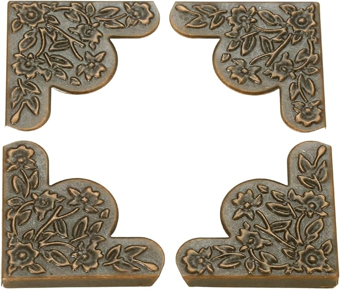 dophee 12Pcs Decorative Corner Protector, Jewelry Box Wooden Box Chest Furniture Guard Edge Cover, Metal Flower Carved No Holes, 1.69"x1.69"x0.2" - Red Copper