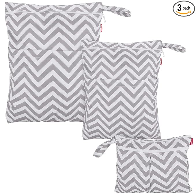 Damero 3pcs Travel Wet and Dry Bag Organizer with Handle for Cloth Diaper, Pumping Parts, Swimsuit and More, Easy to Grab and Go, Gray Chevron