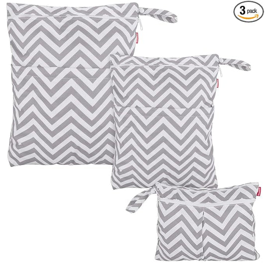 Damero 3pcs Travel Wet and Dry Bag Organizer with Handle for Cloth Diaper, Pumping Parts, Swimsuit and More, Easy to Grab and Go, Gray Chevron