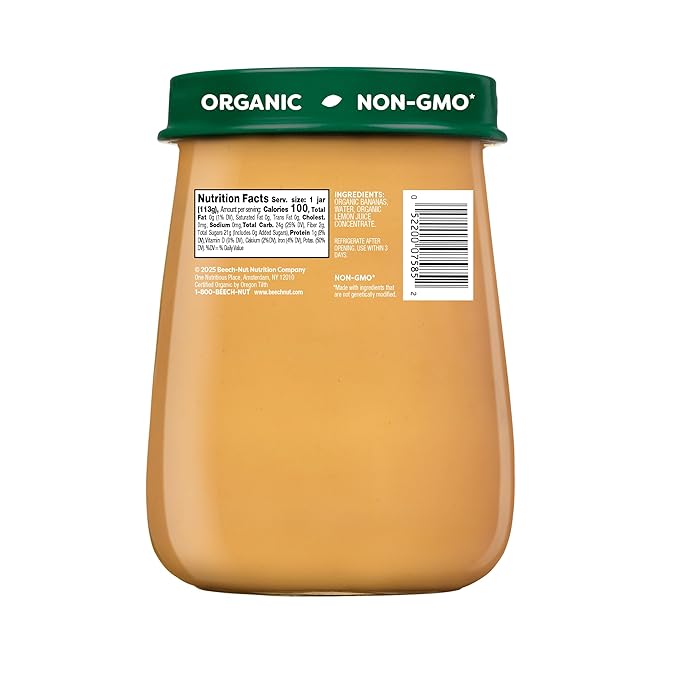 Beech-Nut Organic Baby Food Jars, Organic Banana Puree, Stage 2 Baby Food for Babies 6 Months and Up, Non-GMO, 4oz Glass Jars, 10ct (Pack of 2)