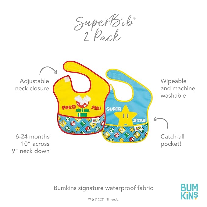 Bumkins Nintendo Bibs for Girl or Boy, SuperBib Baby and Toddler for 6-24 Months, Essential Must Have for Eating, Feeding, Baby Led Weaning, Waterproof Soft Fabric, 2-pk Super Mario Expressions