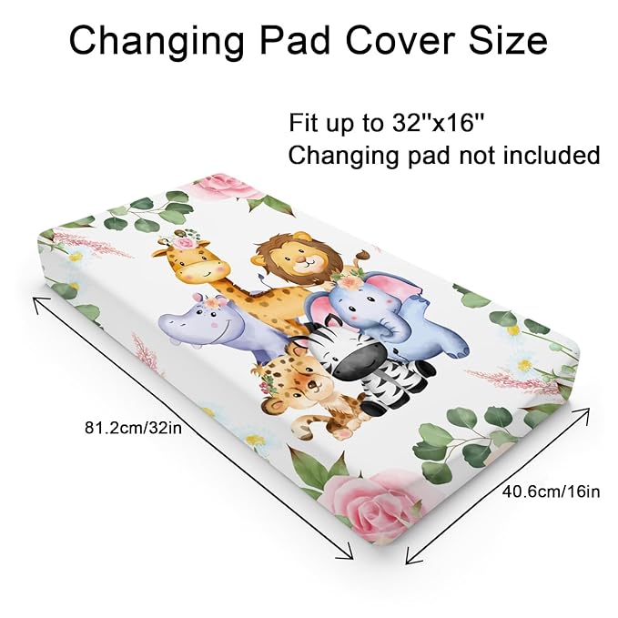 Jungle Safari Animals Tropical Leaves Flowers Changing Pad Cover Lion Elephant Zebra Giraffe Hippo Change Table Covers for Boys Girls Soft Stretchy Diaper Changing Mat Sheets Cover 32''x16''