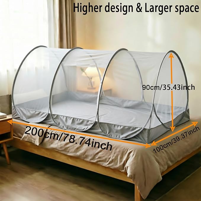 CMINGJ Portable Mosquito Net, Foldable Pop-Up Travel Bed Net, Free Installation Mosquito Tent, for Adults Bedroom Camping Nap Patio L78 x W39 x H35 inch (Double Door with Fabric Bottom & Gray Edge)