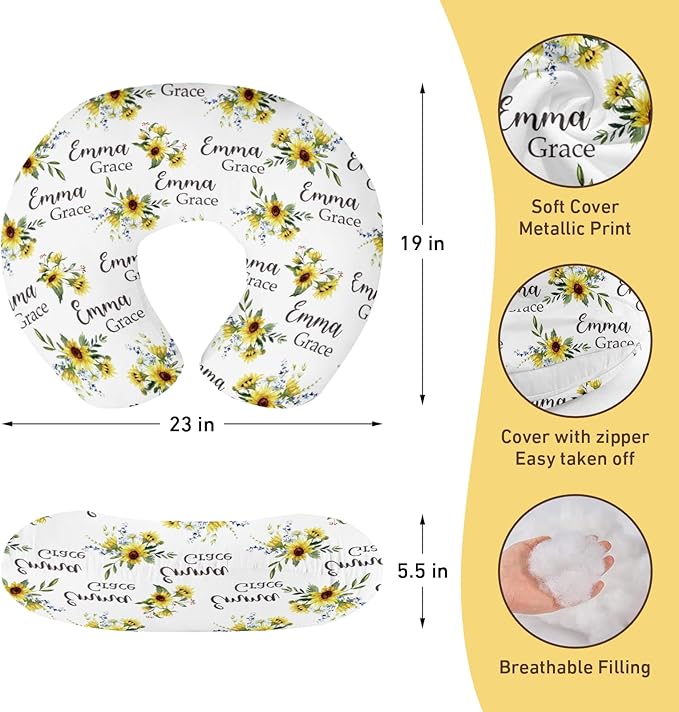 Customizable Flowers Baby Nursing Pillow Cover - Add Your Baby's Name, Ultra-Soft Stretch Fabric, Fits Standard Nursing Pillows, Ideal for Baby Showers Style 14