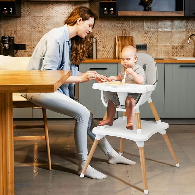 S AFSTAR 5 in 1 Baby High Chair, Convertible High Chairs for Babies and Toddlers, Toddler Chair and Table Set w/ 5-Point Safety Belt, Double Food Trays, PU Cushion, Gray