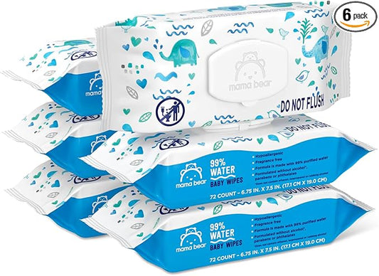 Amazon Brand - Mama Bear 99% Water Baby Wipes, Hypoallergenic, Fragrance Free,72 Count (Pack of 6)