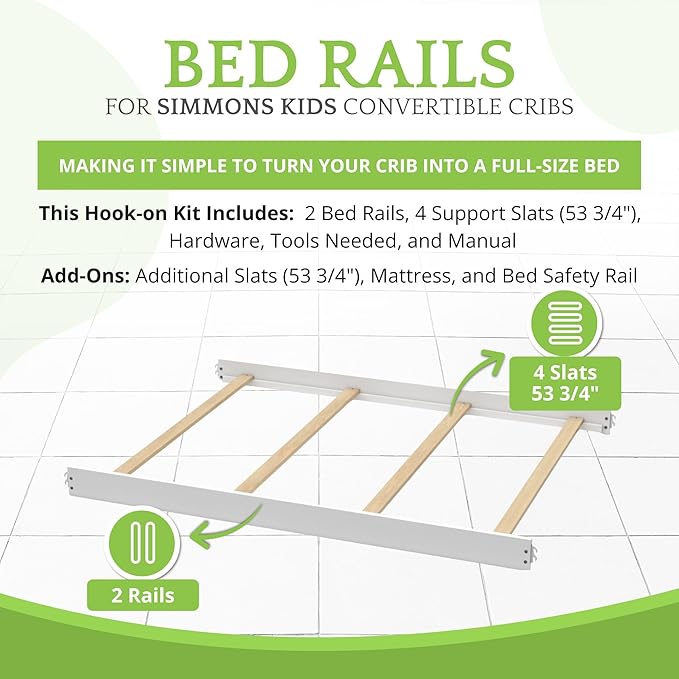 CC KITS Full-Size Conversion Kit Bed Rails Compatible with Simmons Kids Convertible Cribs by Delta Children - Solid Wood Rail - Toddler and Adult Bed Rail for Full-Size (White Ambiance, Hook-ON KIT)
