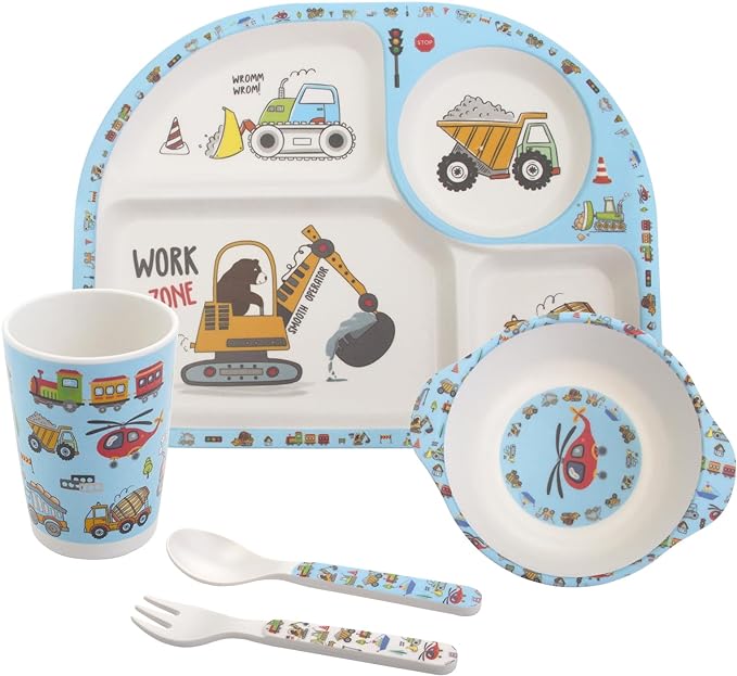 Kids Feeding Set 5 Pcs, Tableware Set for Toddlers Includes Plate Bowl Cup Fork and Spoon Utensil Flatware, Kids Flatware Set Dishwasher Safe, BPA Free (Construction)