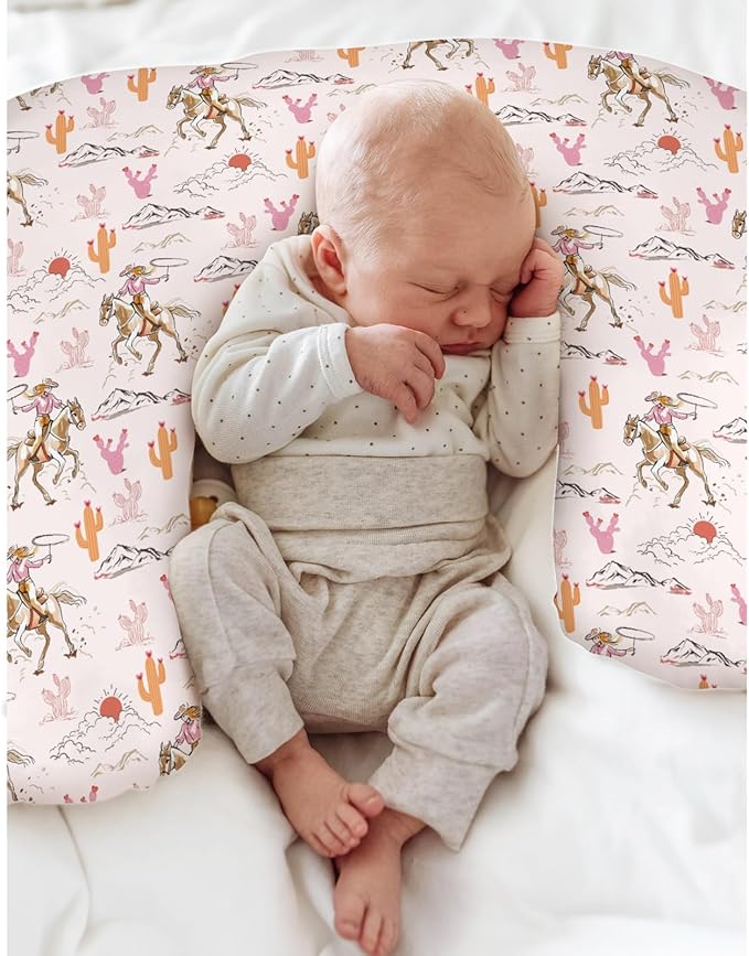 Cute Pink Cowgirl Nursing Pillow Covers for Girl Western Cowgirls Horse Cactus Mountain Sunset Nursery Slipcovers for Breastfeeding Pillows Wild West Desert Soft Stretchy Cover for Newborn Infant