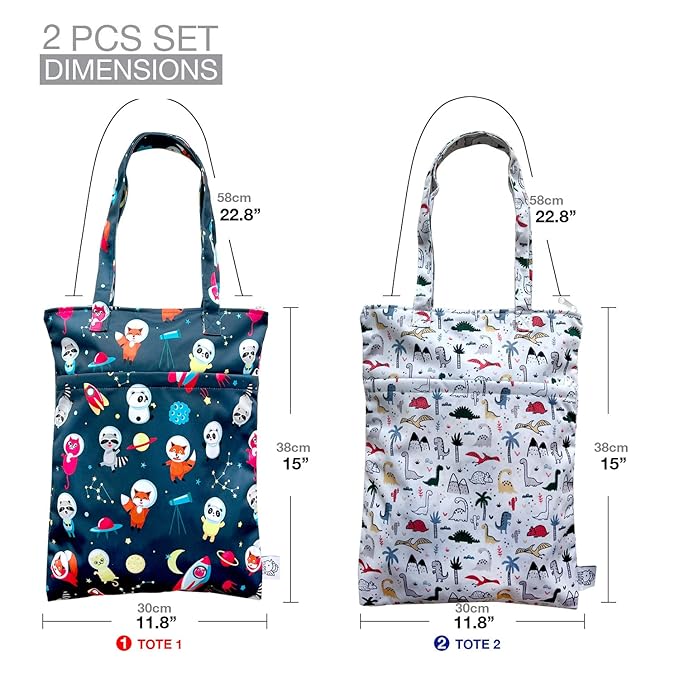 FLOCK THREE 2PCS Bundle Wet Dry Bag Waterproof Tote Reusable Wet Clothes Baby Diapers Stroller Swimsuit Travel Small Larger Electronics Toiletries Pouch Dinosaur and cute Animals