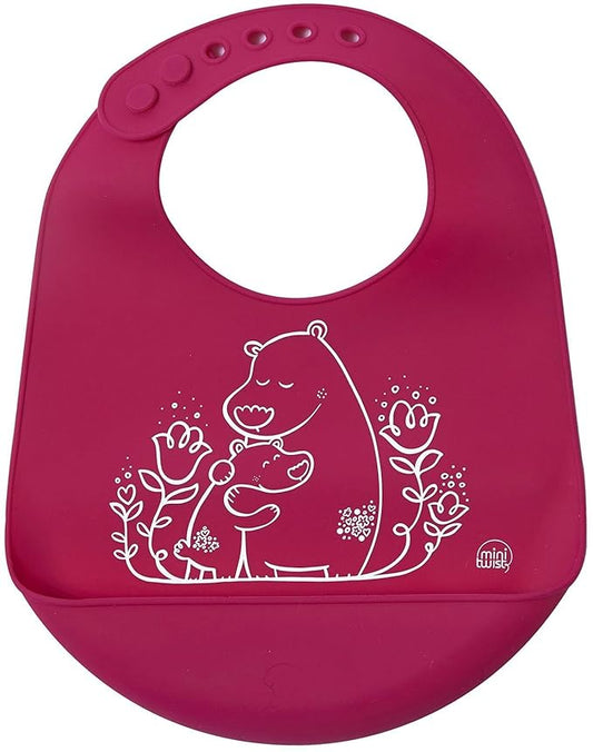 Modern-twist Bucket Bib 100% plastic free silicone, waterproof, adjustable, dishwasher safe, Pink Bears