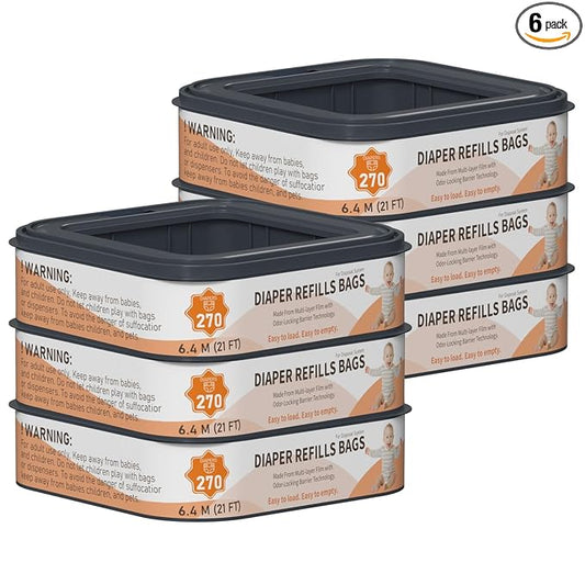 Standard Square Refills Disposal Bags Refill Compatible with Diaper Genie Compact, Classic and Select Pails, Hold Up to 270 Newborn-Sized Diapers Per Refill, 6 Pack