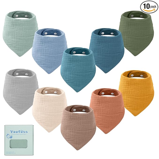 Yoofoss Muslin Baby Bibs 10 Pack 100% Organic Cotton 6-Layer Soft Absorbent Drool Bandana Baby Bibs for Drooling and Teething for Boys and Girls, Beige & Blue