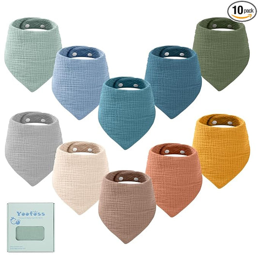 Yoofoss Muslin Baby Bibs 10 Pack 100% Organic Cotton 6-Layer Soft Absorbent Drool Bandana Baby Bibs for Drooling and Teething for Boys and Girls, Beige & Blue
