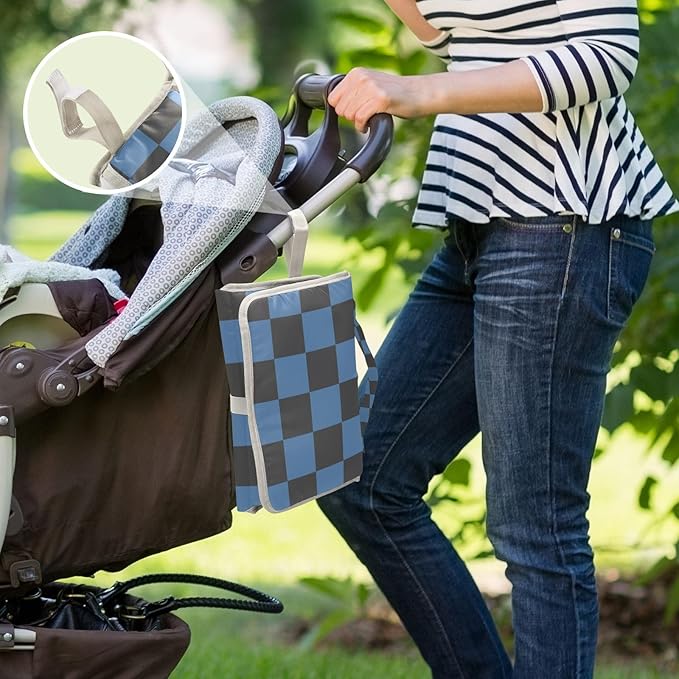 Portable Diaper Changing Pad Travel Baby Changing Mat Waterproof Diaper Changing Mat Foldable Lightweight Baby Changer with Built-in Pillow Checkered Navy Blue and Black
