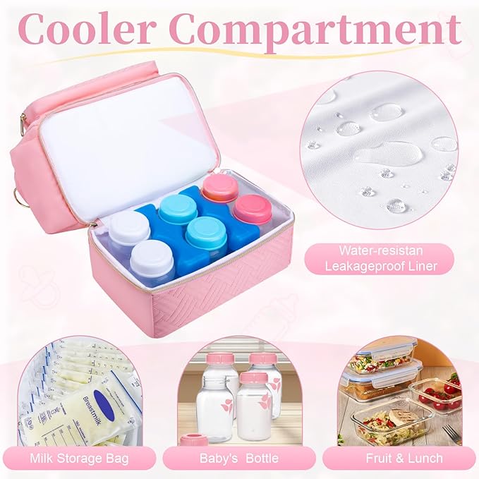 Wearable Breast Pump Bag with Cooler Compartment Compatible with Willow/Elvie/Medela/Momcozy M5/S12 Pro, Breast Milk Cooler Travel Bag with Ice Pack & Mat, Pumping Bags for Work, Pink