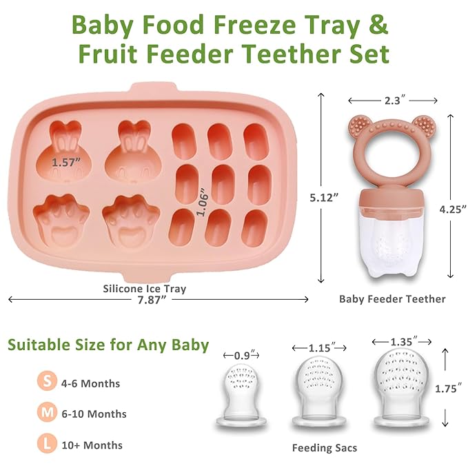 JEXFUN Baby Fruit Food Feeder Pacifier & Freezer Tray Set, Breastmilk Popsicle Molds for Teethinig, Baby Food Storage Containers Breast Milk Ice Cubes for Baby & Infant Self Feeding, BPA Free (2Pack)