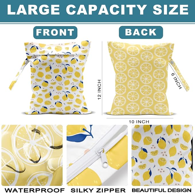 ZHAMEN 2Pcs Wet Bag, Wet Dry Bag Reusable with Zipper, Travel, Beach, Pool, Diapers, Dirty Yoga Gym Clothes, Makeup Bag, Waterproof Wetdry Packing, Summer Lemon Decore (12x10 Inch)
