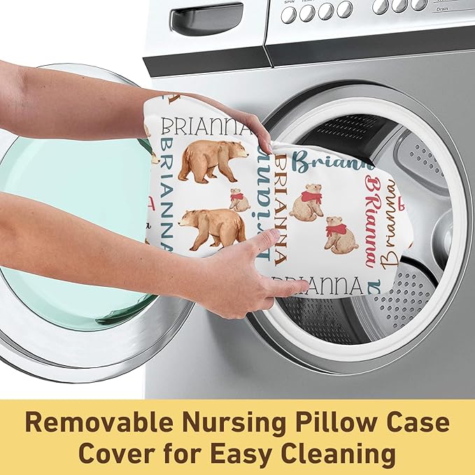 Baby Nursing Pillow Cover - Personalized Name Breastfeeding Pillow Cover with Bear Pattern, Stretchy Removable U-Shaped for New Moms, Soft Breathable Slipcover for Infant Boys Girls