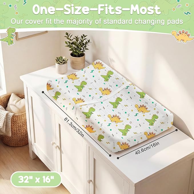 2 Pack Waterproof Muslin Changing Pad Cover with Safety Strap Hole, TPU Leakproof Protection Soft Muslin Baby Changing Table Covers for Boys & Girls, Fits 32" x 16" Changing Pad,Green Dinosaur