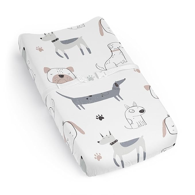Sweet Jojo Designs Dog Boy Girl Unisex/Gender Neutral Baby Changing Pad Cover Sheet Infant Newborn Diaper Table Change Mat Cover Grey Taupe Blue Modern Puppy Pet Watercolor Puppies Bulldog Paw Print