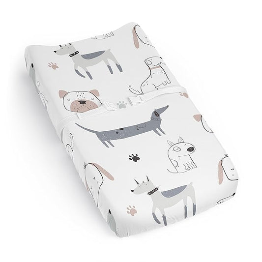 Sweet Jojo Designs Dog Boy Girl Unisex/Gender Neutral Baby Changing Pad Cover Sheet Infant Newborn Diaper Table Change Mat Cover Grey Taupe Blue Modern Puppy Pet Watercolor Puppies Bulldog Paw Print